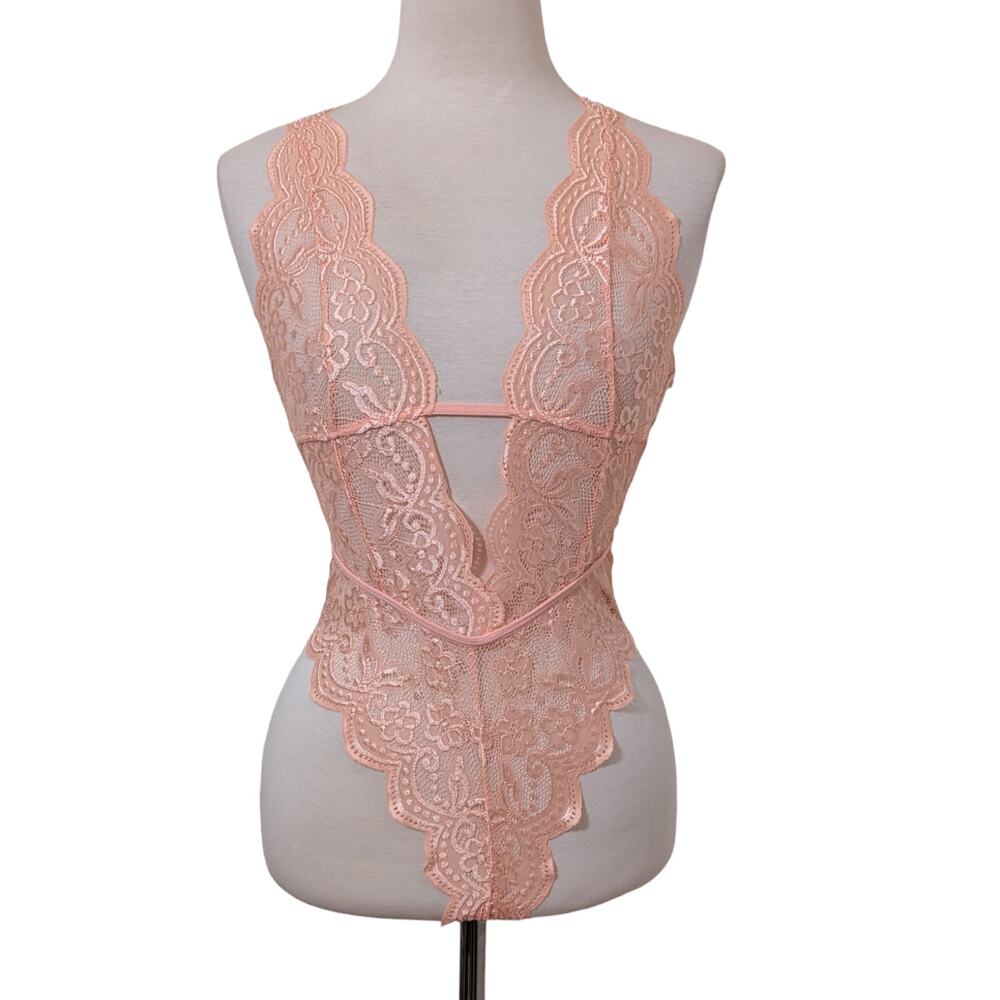 New Pink Lace Deep V-neck Lingerie Teddy Body Suit Size Small